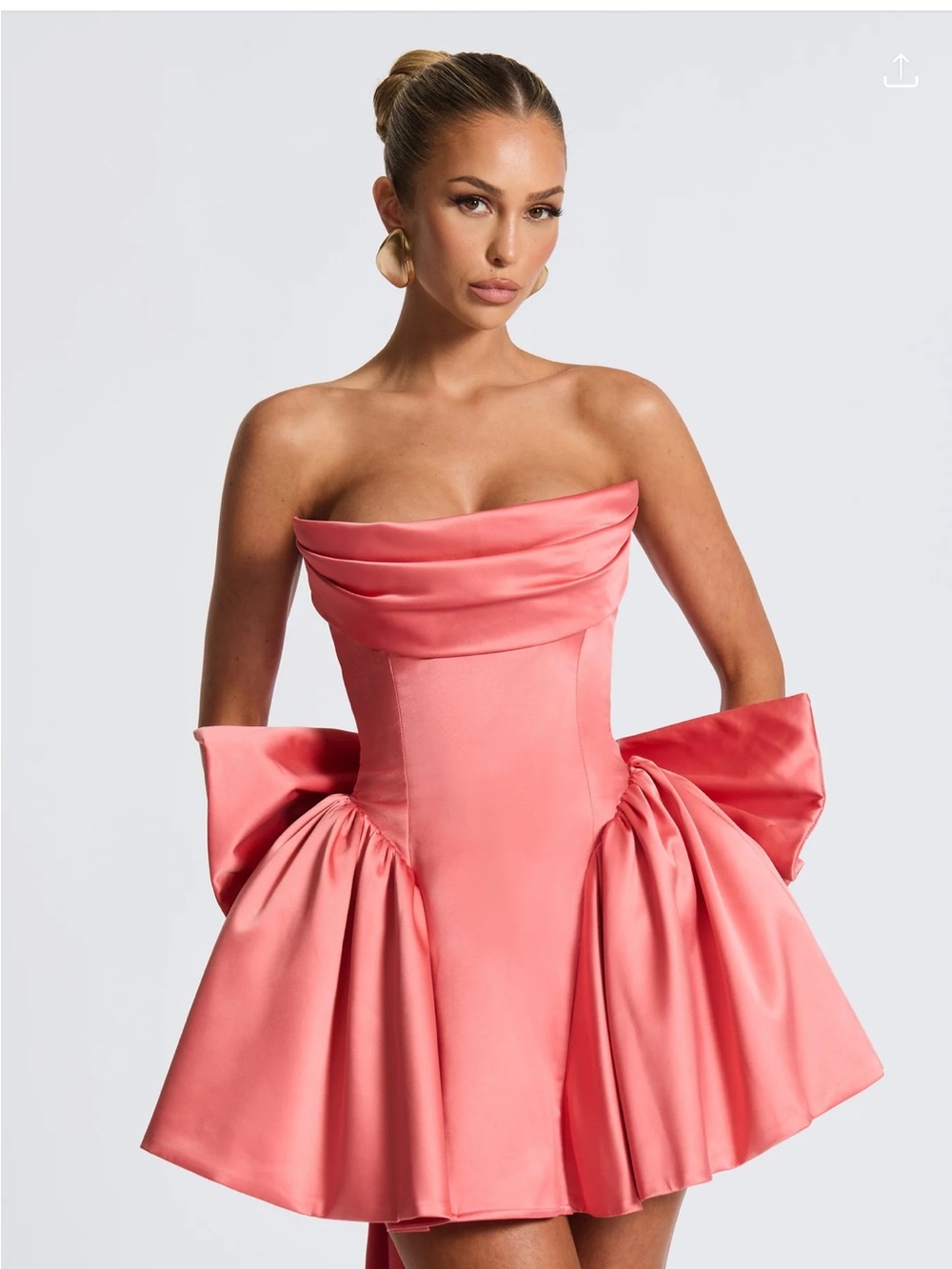 Strapless Coral Pink Satin Party Dress with Sculpted Bow Details